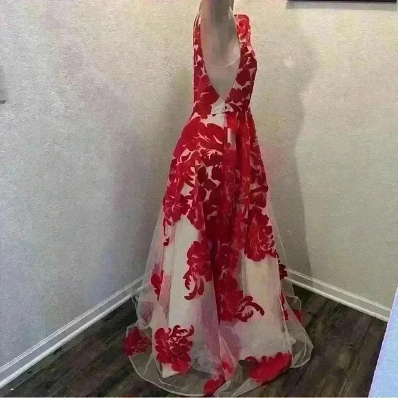 Red and beige floral prom dress. Size 3 from Windsor. - Picture 2 of 5